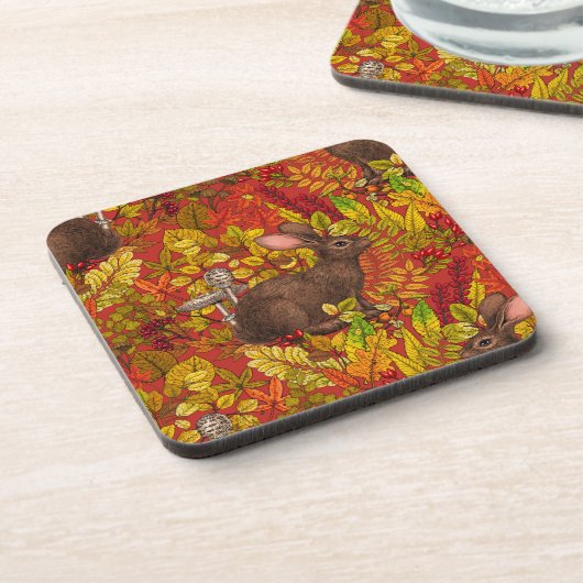 Herfst Konijn op rood Bier Onderzetter (Linkerzijde)