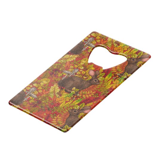 Herfst Konijn op rood Creditkaart Flessenopener (Achterkant Gekanteld)
