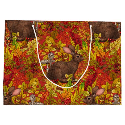 Herfst Konijn op rood Groot Cadeauzakje (Achterkant)
