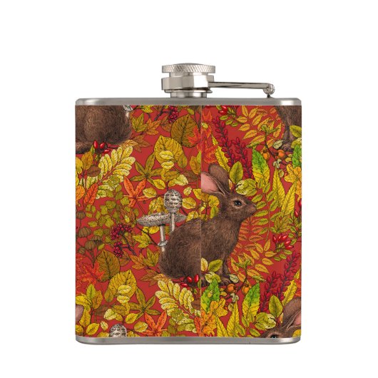 Herfst Konijn op rood Heupfles (Achterkant)