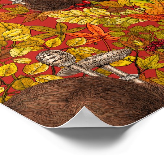 Herfst Konijn op rood Poster (Hoek)