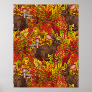 Herfst Konijn op rood Poster