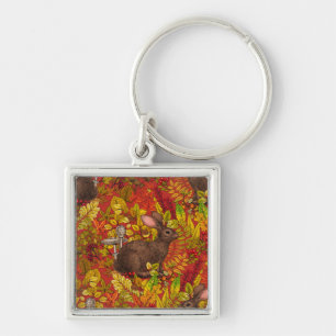 Herfst Konijn op rood Sleutelhanger