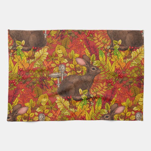Herfst Konijn op rood Theedoek (Horizontaal)