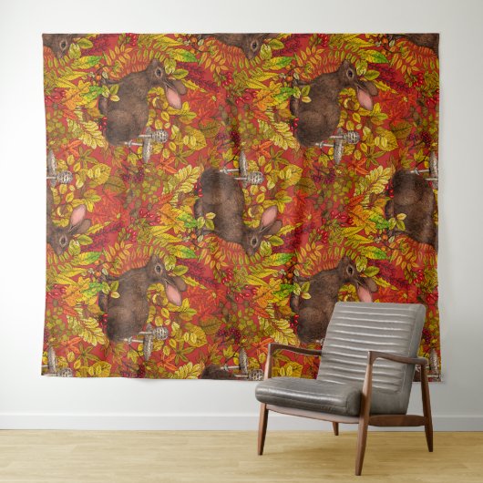 Herfst Konijn op rood Wandkleed (In Situ (horizontaal))