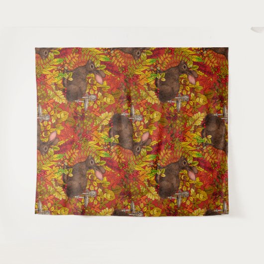 Herfst Konijn op rood Wandkleed (Voorkant (horizontaal))