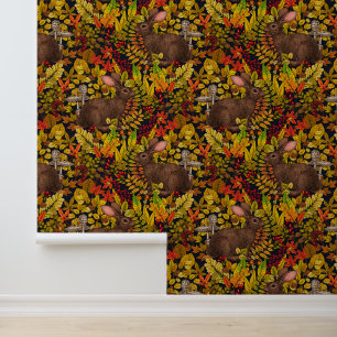 Herfst Konijn op zwart Behang