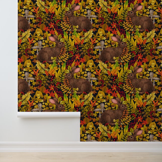 Herfst Konijn op zwart Behang (Applicatie)