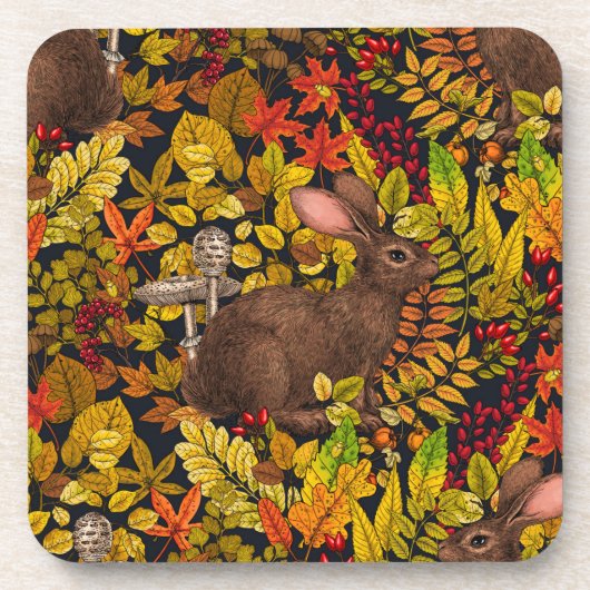 Herfst Konijn op zwart Bier Onderzetter (Voorkant)