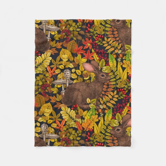 Herfst Konijn op zwart Fleece Deken (Voorkant)