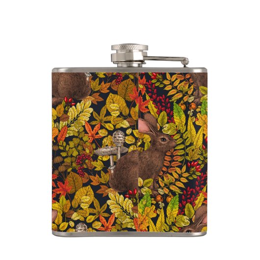 Herfst Konijn op zwart Heupfles (Achterkant)