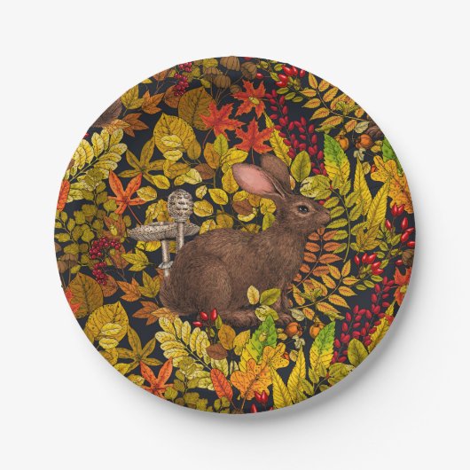 Herfst Konijn op zwart Papieren Bordje (Voorkant)