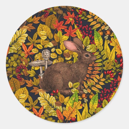 Herfst Konijn op zwart Ronde Sticker (Voorkant)