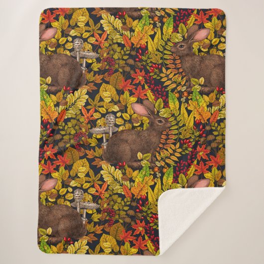 Herfst Konijn op zwart Sherpa Deken (Voorkant)