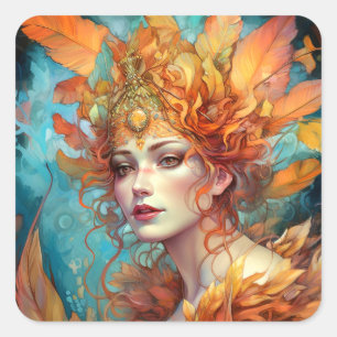 Herfst Koningin Goddess Fantasy Art Vierkante Sticker