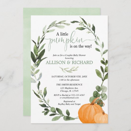 Herfst koppels baby shower, genderneutrale pompoen kaart (Voorkant / Achterkant)