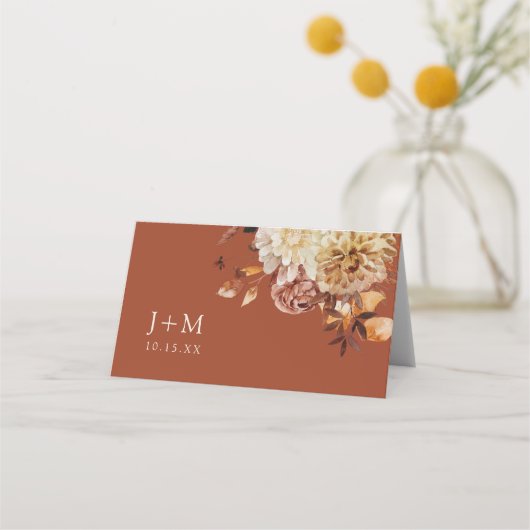 Herfst kopper Terracotta Waterverf Floral Wedding Plaatskaartje (Achterkant)