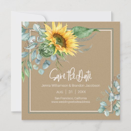 Herfst Kraft Papier Zonnebloem Eucalyptus Save The Date (Voorkant)