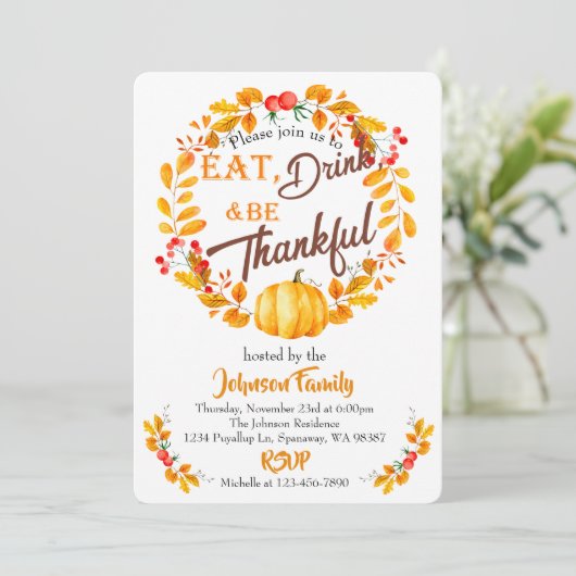 Herfst Krans Thanksgiving Diner Uitnodiging (Staand voorkant)