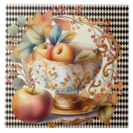 Herfst laat appelcider & beker op zwarte harlekijn tegeltje (Voorkant)