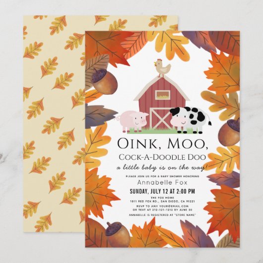 Herfst laat boerderijdieren Barnyard Baby shower Kaart (Voorkant / Achterkant)