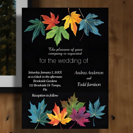 Herfst laat contrast zwarte bruiloft kaart