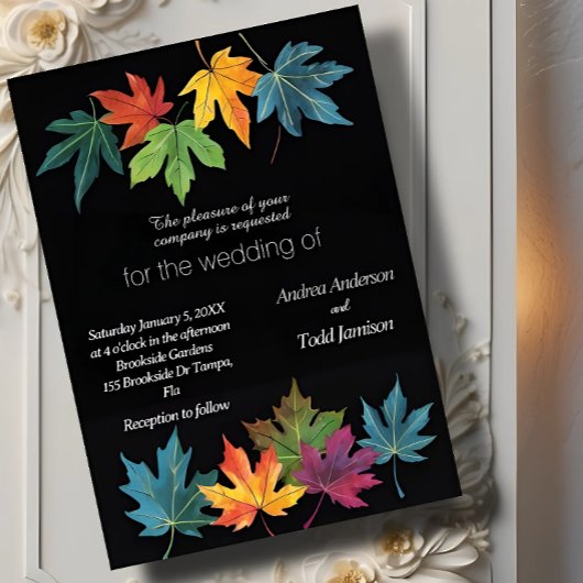 Herfst laat contrast zwarte bruiloft kaart