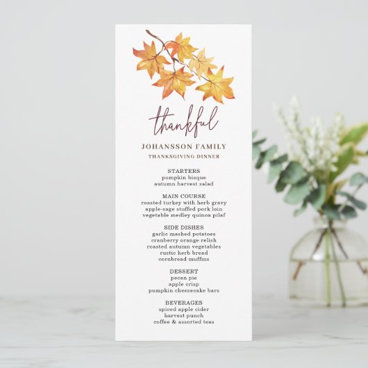 HERFST LAAT DANKBARE THANKSGIVING DINER MENU (Staand voorkant)