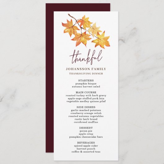 HERFST LAAT DANKBARE THANKSGIVING DINER MENU (Voorkant / Achterkant)