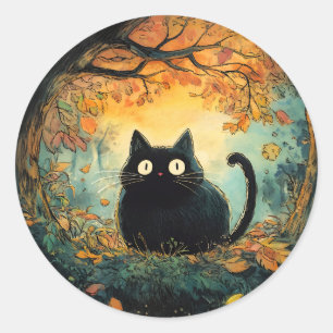 Herfst laat gezellige herfst zwarte kat in de magi ronde sticker
