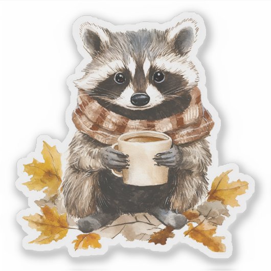 Herfst laat gezellige wasbeer met kop koffie achte sticker (Voorkant)
