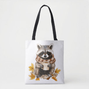 Herfst laat gezellige wasbeer met kop koffie achte tote bag