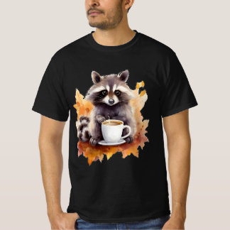 Herfst laat herfst schattige wasbeer met kop koffi t-shirt