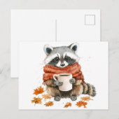 Herfst laat knusse herfst wasbeer met kop koffie a briefkaart (Voorkant / Achterkant)