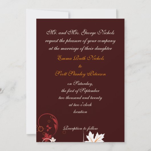 Herfst laat oranje rood wit bruin bruiloft kaart (Achterkant)