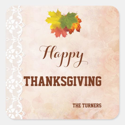 Herfst  Lace Happy Thanksgiving Monogram Vierkante Sticker (Voorkant)