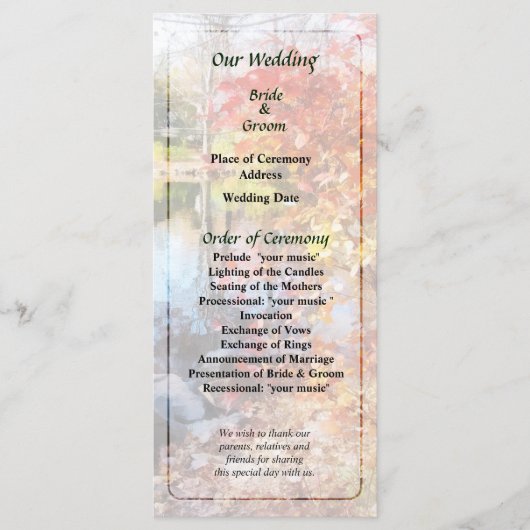 Herfst Lake bruiloft programma Programmakaart (Voorkant)