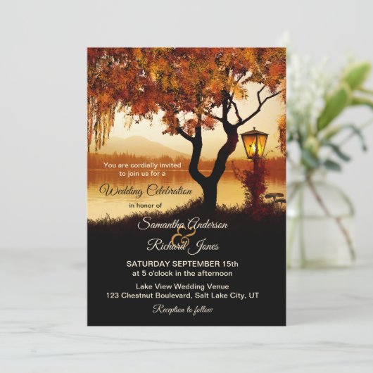 Herfst Lake Uitzicht Tree bruiloft uitnodiging (Staand voorkant)