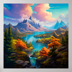 Herfst Lake - vier seizoenen illustratie Poster