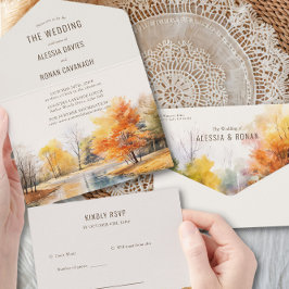 Herfst Lake Waterverf Country Wedding Alles in één All In One Uitnodiging