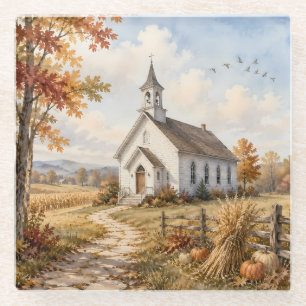 Herfst Landelijke Kerk Aquarel Landschap Glazen Onderzetter