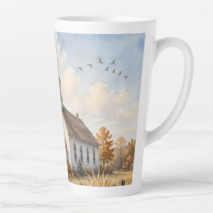 Herfst Landelijke Kerk Aquarel Landschap Latte Mok