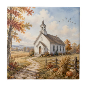 Herfst Landelijke Kerk Aquarel Landschap Tegeltje