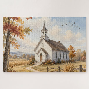 Herfst Landelijke Kerk Waterverf Landschap Legpuzzel