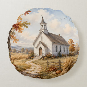 Herfst Landelijke Kerk Waterverf Landschap Rond Kussen