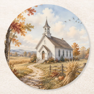 Herfst Landelijke Kerk Waterverf Landschap Ronde Kartonnen Onderzetter