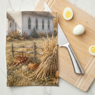Herfst Landelijke Kerk Waterverf Landschap Theedoek