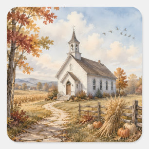 Herfst Landelijke Kerk Waterverf Landschap Vierkante Sticker