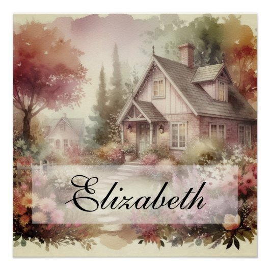 Herfst Landschap huisje tuin bladeren bloemig Perfect Poster (Voorkant)