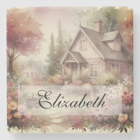  Herfst Landschap huisje tuin bladeren bloemig Stenen Onderzetter (Voorkant)